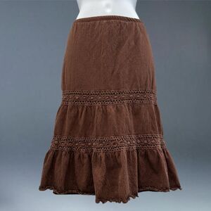 Y2K Fairycore Brown Boho Peasant Skirt Tiered Ruffle Hem Crochet Trim
